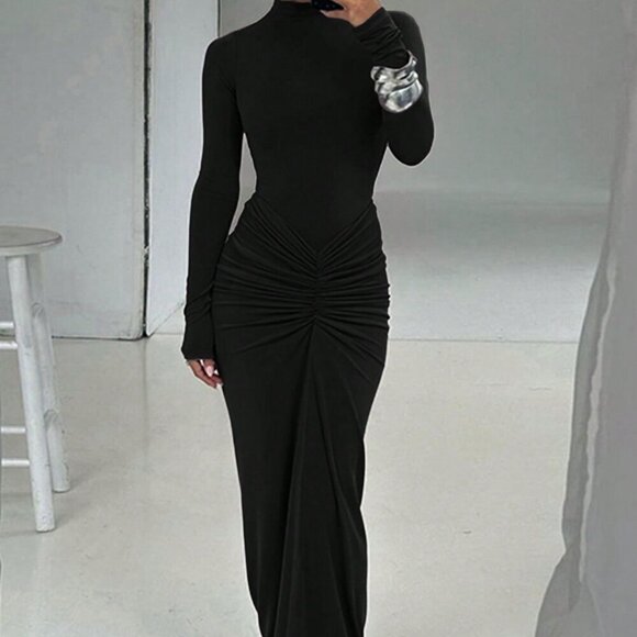 Black Elegant Women's Sexy Cinched Waist Long Dress - Picture 1 of 4